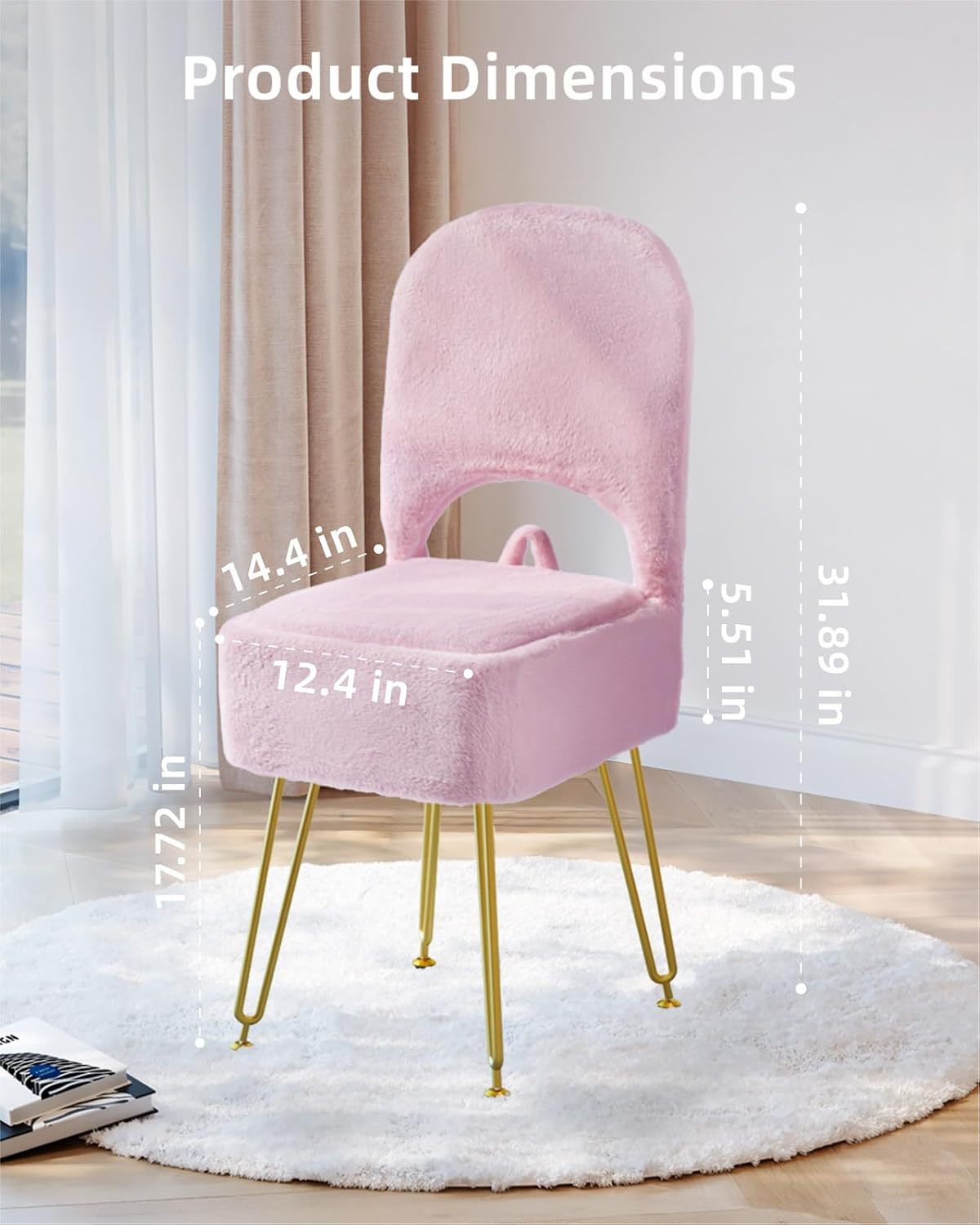 Pink Vanity Chair with Storage and Back for Teens - Faux Fur Makeup Vanity Stool, Foldable Ottoman Seat with Anti-Slip Metal Legs for Girls Bedroom, Dorm, Entryway, Living Room