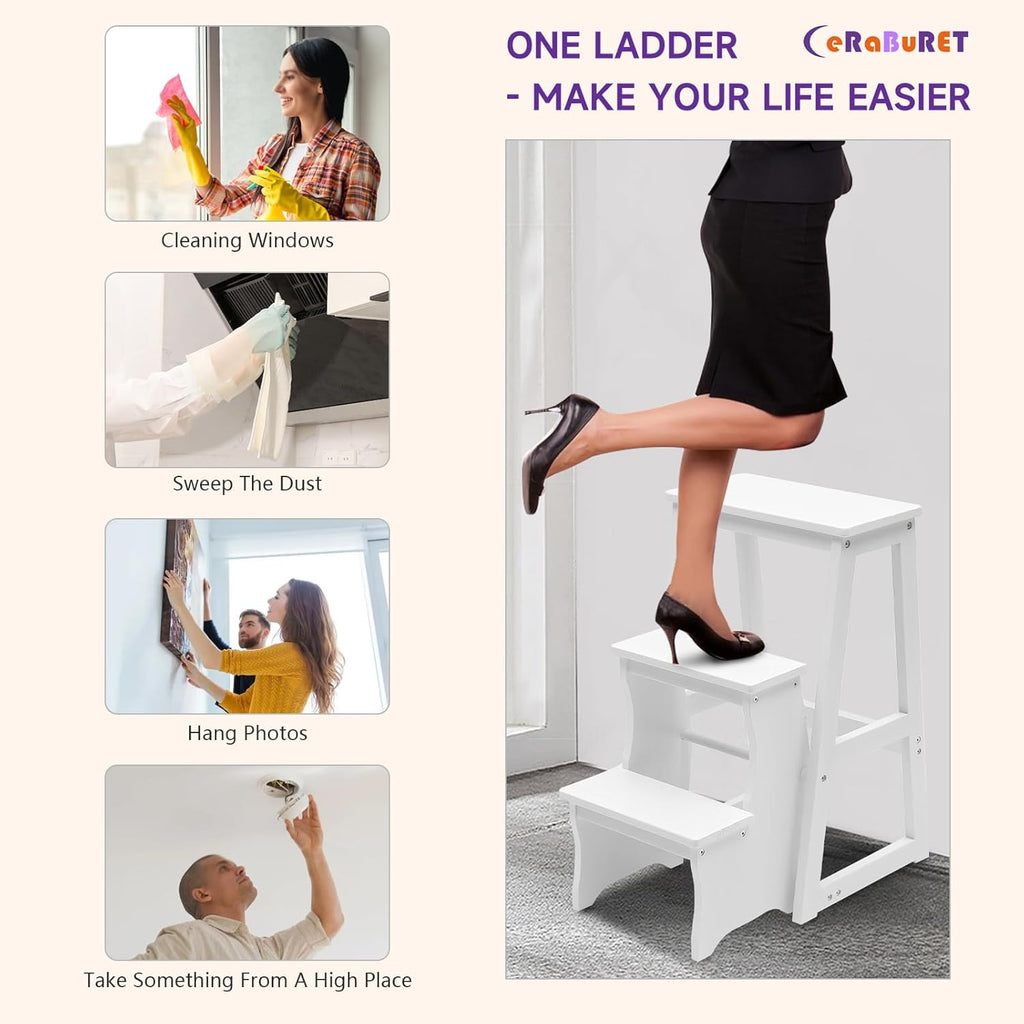 Solid Wood Folding Library Ladder Chair, Lightweight Portable Multifunctional Step Stool, 3-Step Stool Stepladders, Display Stand and Flower Stand for Kitchens, Garages (White)