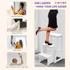 Solid Wood Folding Library Ladder Chair, Lightweight Portable Multifunctional Step Stool, 3-Step Stool Stepladders, Display Stand and Flower Stand for Kitchens, Garages (White)