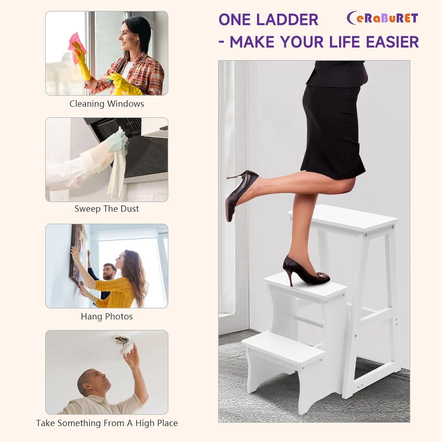 Solid Wood Folding Library Ladder Chair, Lightweight Portable Multifunctional Step Stool, 3-Step Stool Stepladders, Display Stand and Flower Stand for Kitchens, Garages (White)