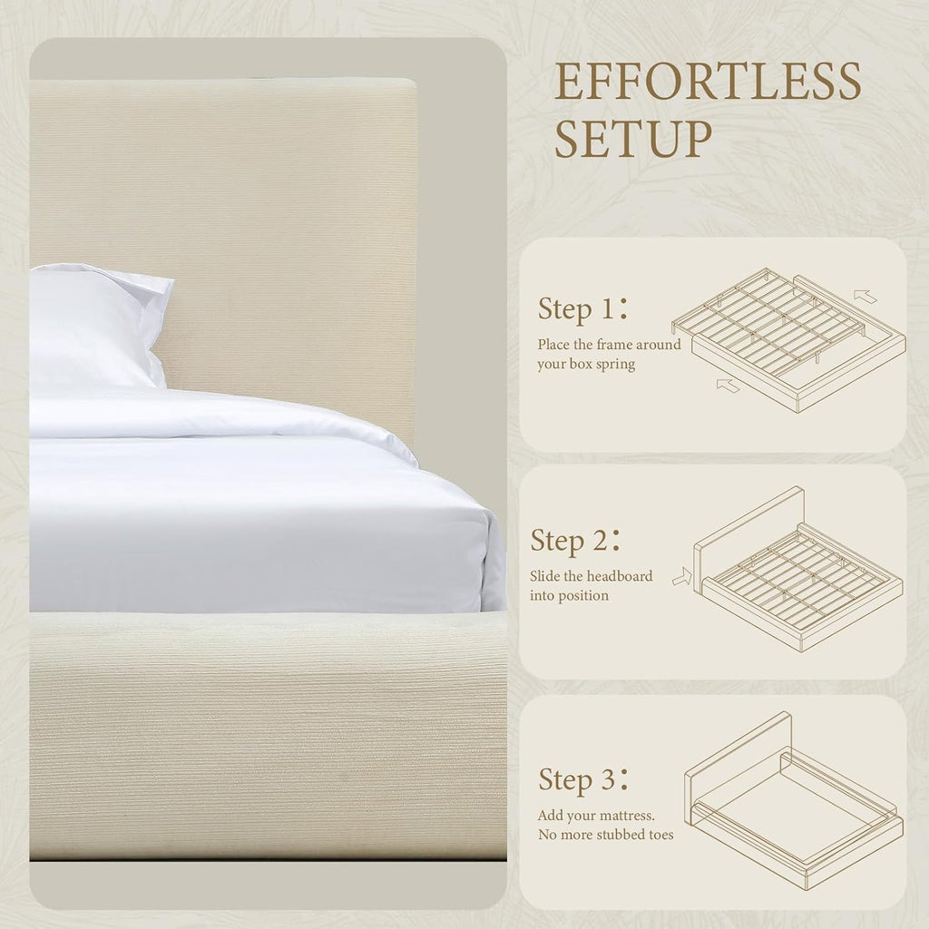 XIAO WEI Queen Cloud Bed Frame, Upholstered Platform Bed Frame with Headboard, 5.9" Thick Fully Padded Frame, Warm Ivory Ribbed Chenille Fabric, Noise-Free, No Box Spring Required, Easy Assembly