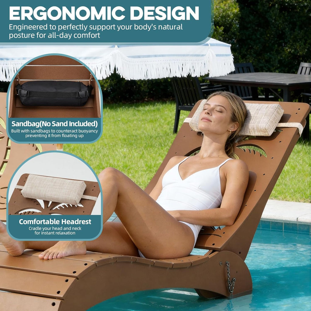 in Pool Lounge Chairs Set of 2, HDPE Pool Chaise Loungers for Sun Shelf up to 9 Inches, Fade-Resistant, 3-Position Adjustable Backrest with Headrest, Ergonomic Poolside Lounger, Teak