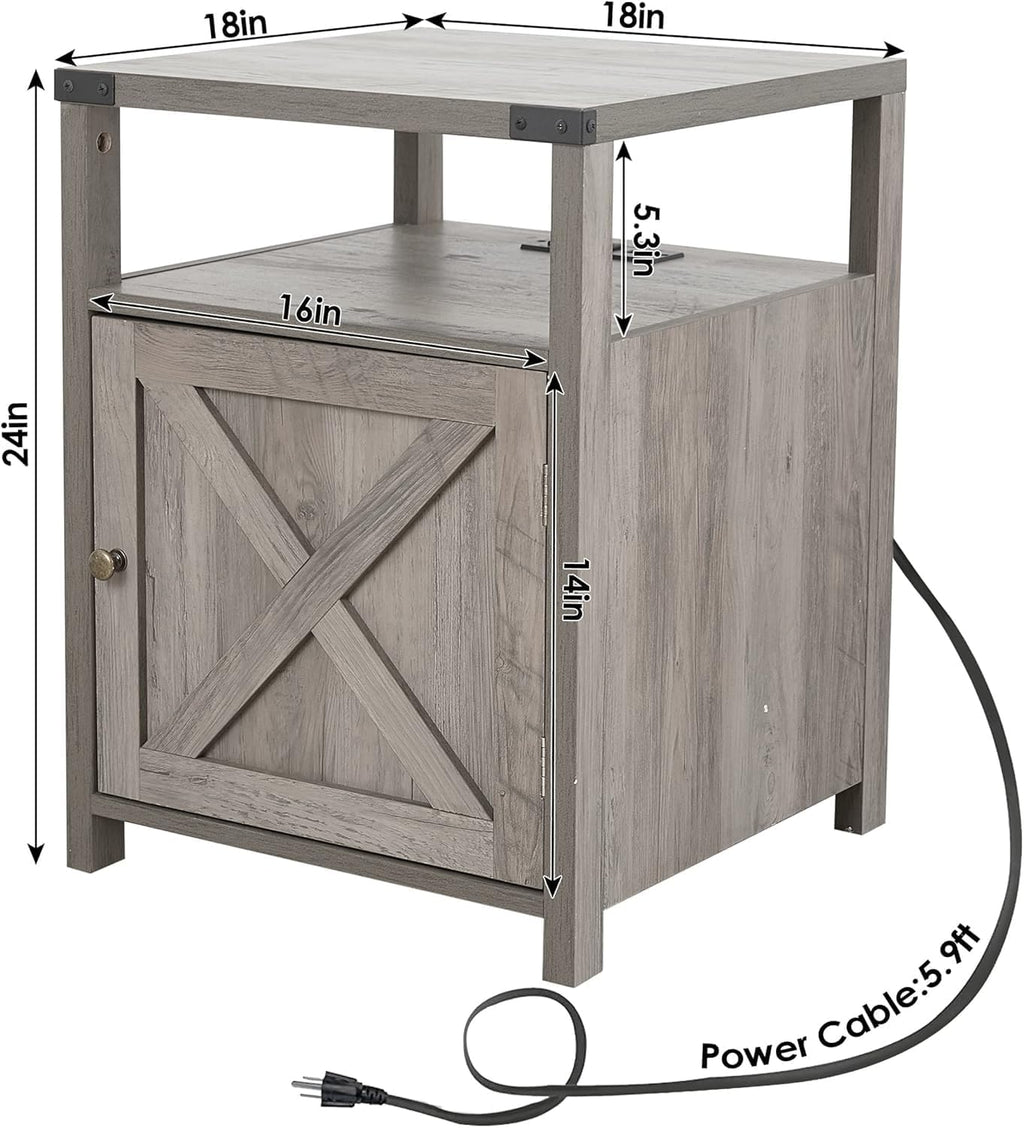 Farmhouse Nightstand with Charging Station, Rustic End Table Bedroom with Storage Living Room Side Table Grey Night Stand Industrial Bedside Bed Table with USB Ports and Outlets