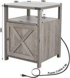 Farmhouse Nightstand with Charging Station, Rustic End Table Bedroom with Storage Living Room Side Table Grey Night Stand Industrial Bedside Bed Table with USB Ports and Outlets