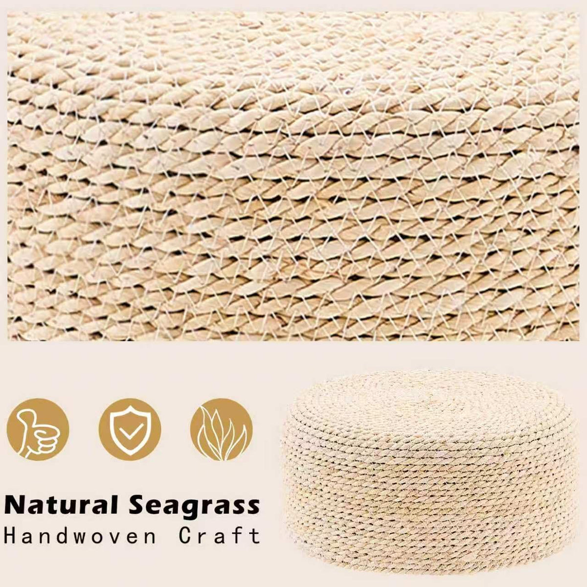 Wimarsbon Round Foot Stool Natural Seagrass Poufs Ottoman Hand Weave Footrest Stool for Couch Desk Extra Seat Step Stool with Solid Wood Legs for Hallway Patio Lounge Natural