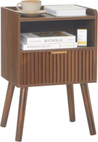 Night Stand, Mid Century Modern Nightstand with Fluted Drawers and Open Shelf, Small Accent Bedside Table for Bedroom, Living Room, and Small Spaces (Walnut Brown)