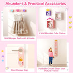 Costzon Kids Vanity Set, Girls Vanity Set with Mirror and Stool, Princess Makeup Dressing Table with Drawer, Growth Chart, Floating Shelves, Kids Vanity Table and Chair Set, Pink