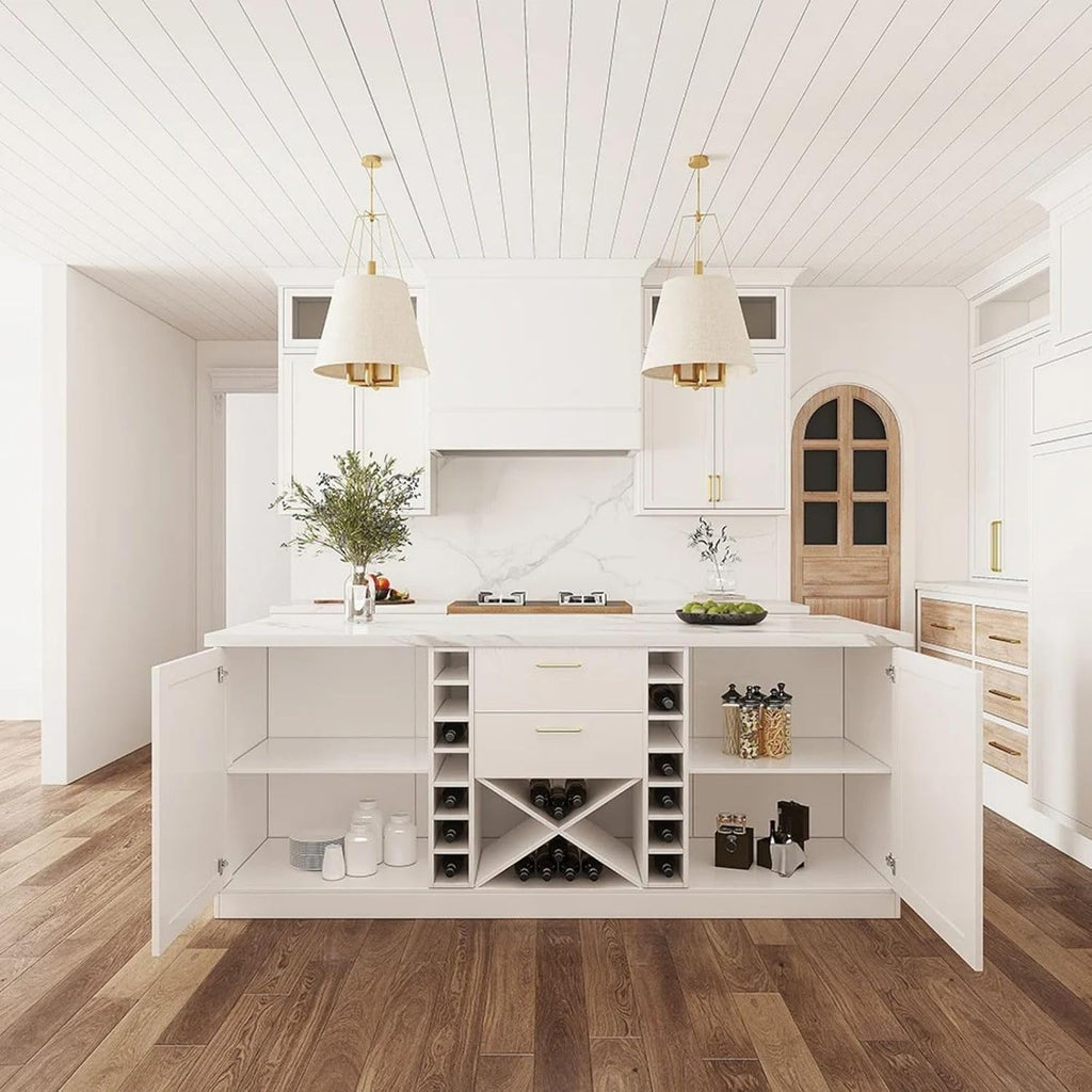 72" Kitchen Island with Storage,White Marble Melamine Cabinet with Drawers, Shelves & Wine Rack for Kitchen or Dining Room