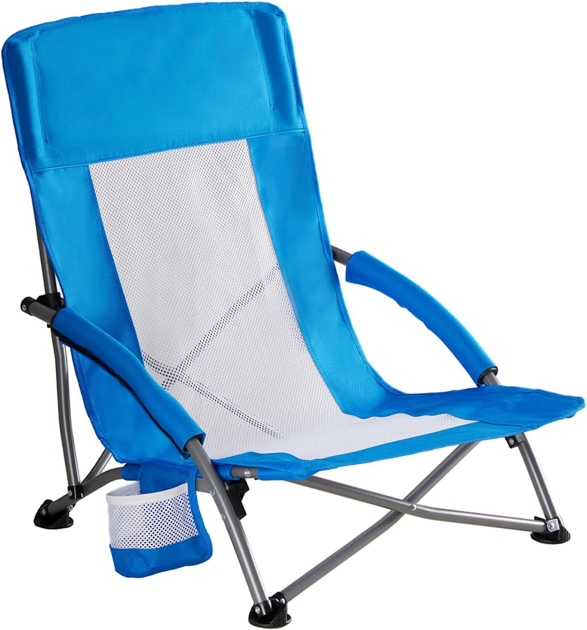 NEWBULIG Low Beach Chair – Folding Camping Chair for Adults, Low Profile Lawn Chair with Cup Holders & Carry Bag, Extra Wide Seat and High Back, Portable for Beach, Outdoors, Travel & Concerts, Blue