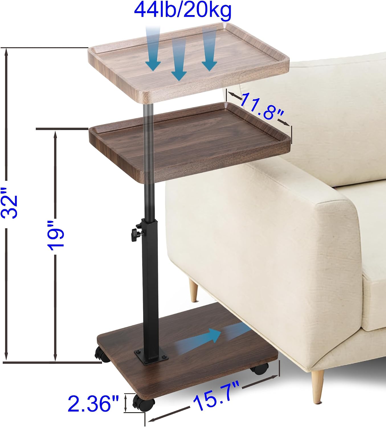 C Shaped End Table for Couch, Adjustable Height C Shaped Side Table with Wheels,TV Trays Table for Sofa, Bedroom,Living Room Small Spaces Couch Table