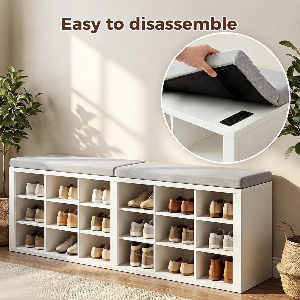 AMONIDA Shoe Storage Bench with Cushion, Entryway Bench with Shoe Storage,18 Cubby Shoe Bench with Removable Dividers, Shoe Organizer Bench for Entryway, Living Room, Light Grey (18, White)