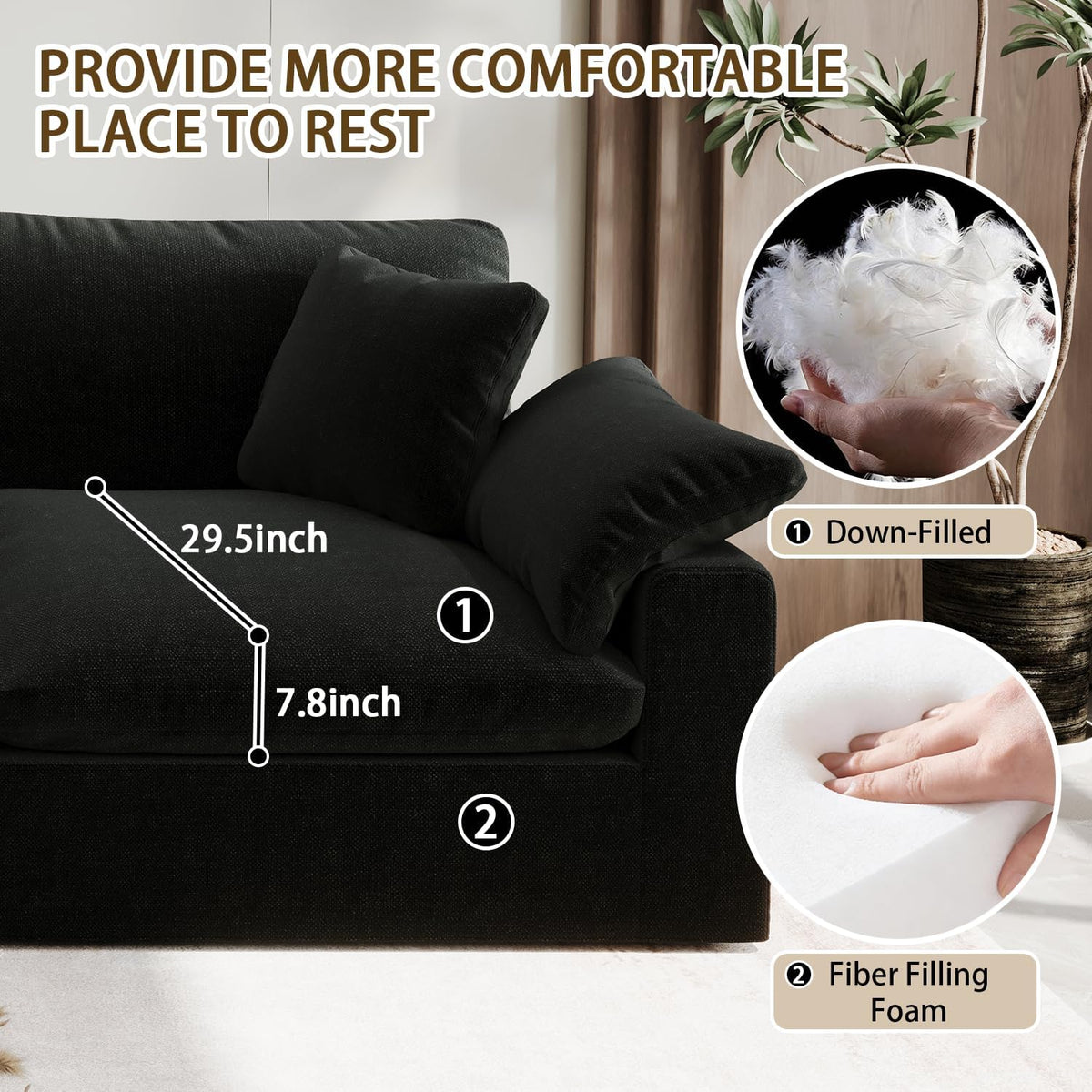 Modular Sectional Sofa Cloud Couch,Down Filled Comfy Cloud Modern Sofa,Black Linen L Shape Oversized Couch Cushion Covers Removable Furniture for Living Room