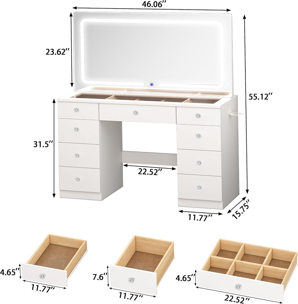 Vanity with Lighted Mirror, Glass Top Makeup Vanity Desk with Power Outlet and 9 Drawers, 3 Color Lighting Modes Adjustable Dresser for Bedroom, White
