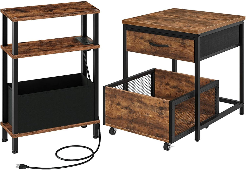 CHOEZON Narrow Side Table and Mini Fridge Stand with Storage, Skinny End Table with Fabric Basket, Mini Fridge Cabinet with Mobile Basket Cart, for Living Room, Bedroom, Rustic Brown TBZ07UBF-TBZ55BF
