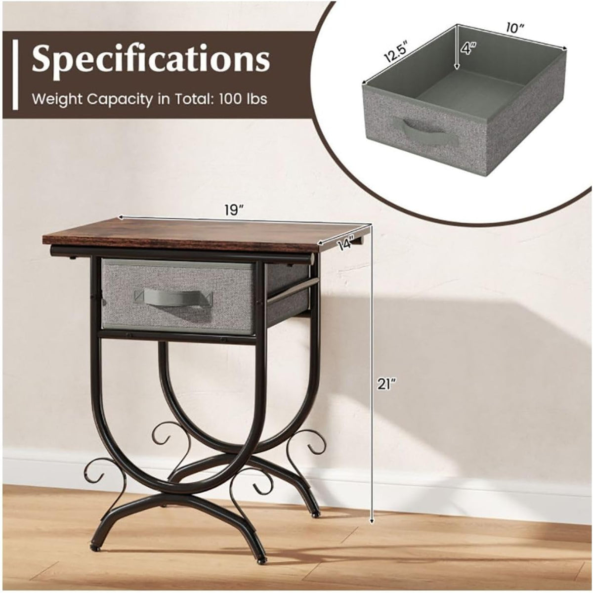 Side Table with Fabric Drawer & Metal Frame - Living Room, Bedroom - Black & Gray - 19" x 14" x 21"