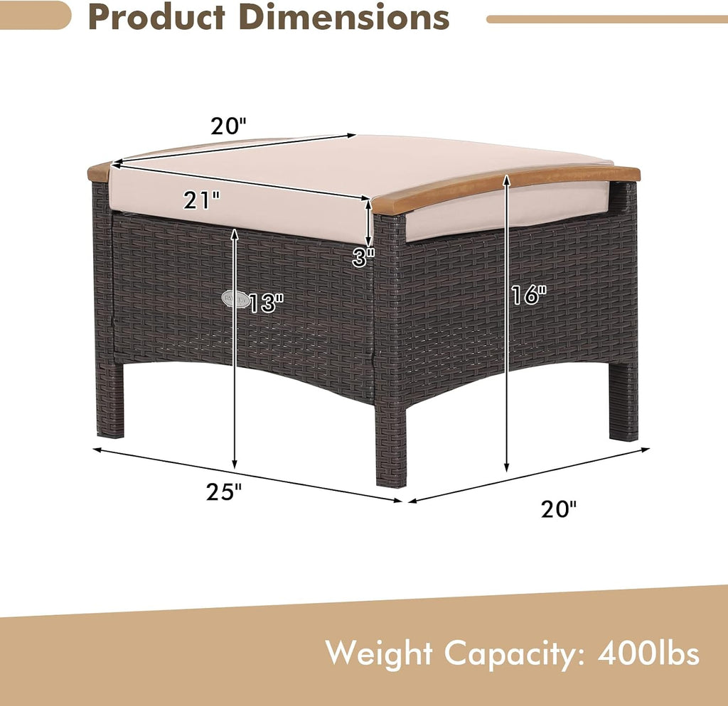 Tangkula 2 Piece Patio Rattan Ottomans, Outdoor Wicker Footstool w/Acacia Wood Handles, Soft Zippered Cushions, 3-in-1 Function Footstool Seat & Side Table for Backyard, Balcony, Poolside (Beige)