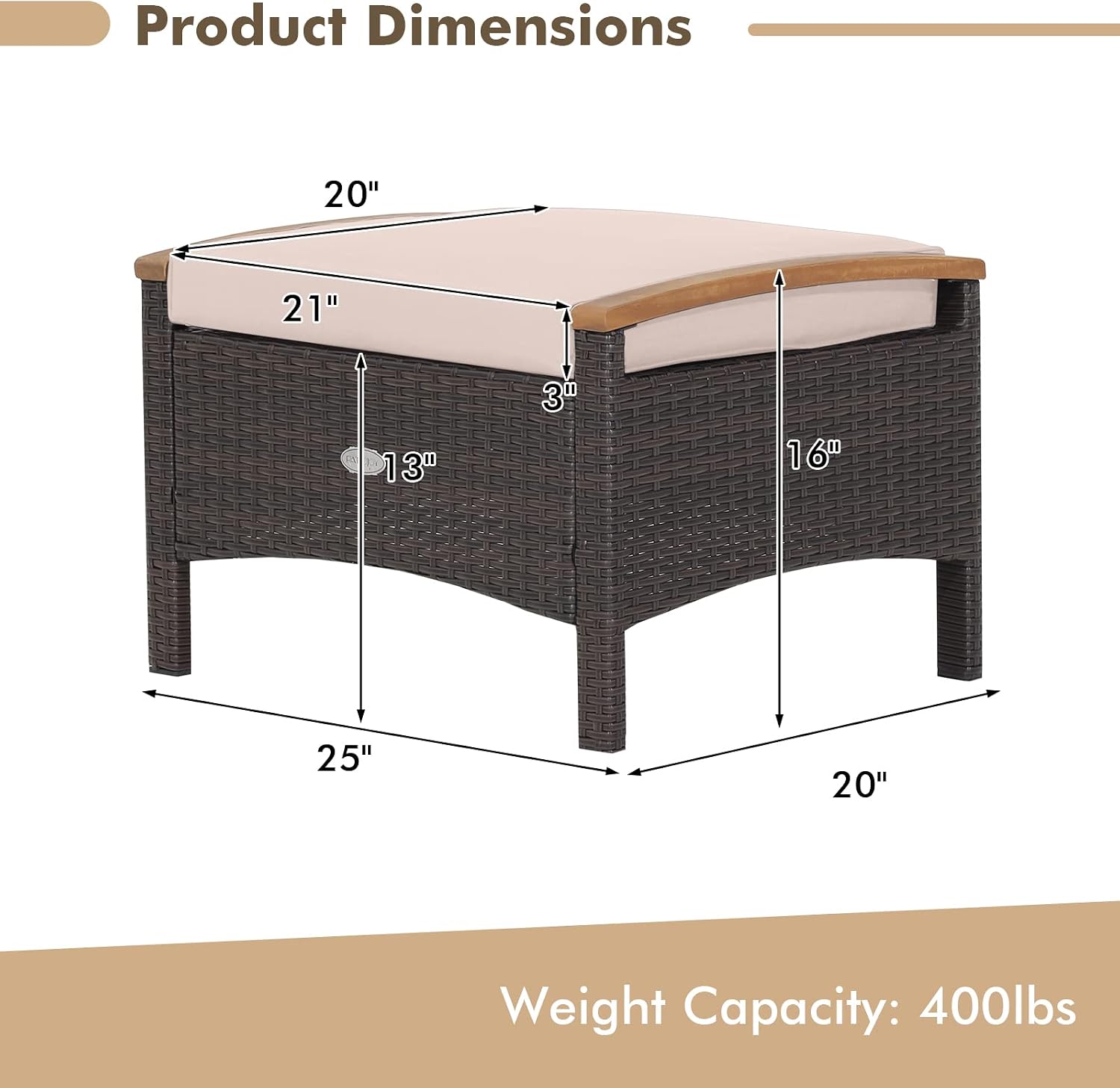 Tangkula 2 Piece Patio Rattan Ottomans, Outdoor Wicker Footstool w/Acacia Wood Handles, Soft Zippered Cushions, 3-in-1 Function Footstool Seat & Side Table for Backyard, Balcony, Poolside (Beige)
