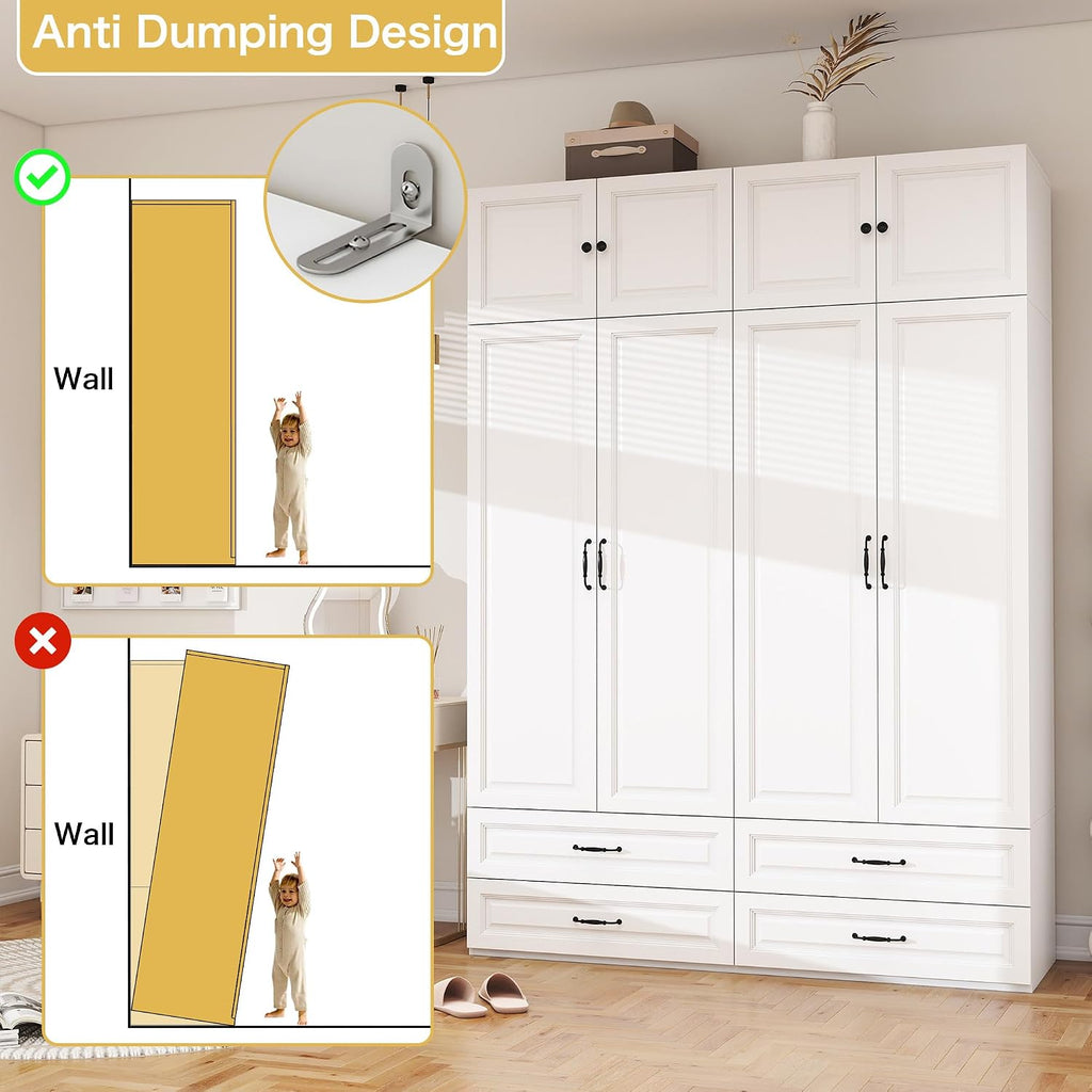 Armoire Wardrobe Closet with Doors: 89" Extra Tall White Wardrobe with Storage on Top, Bedroom Armoires with 4 Doors and 4 Drawers, Large Wood Closet Armoire for Hanging Clothes