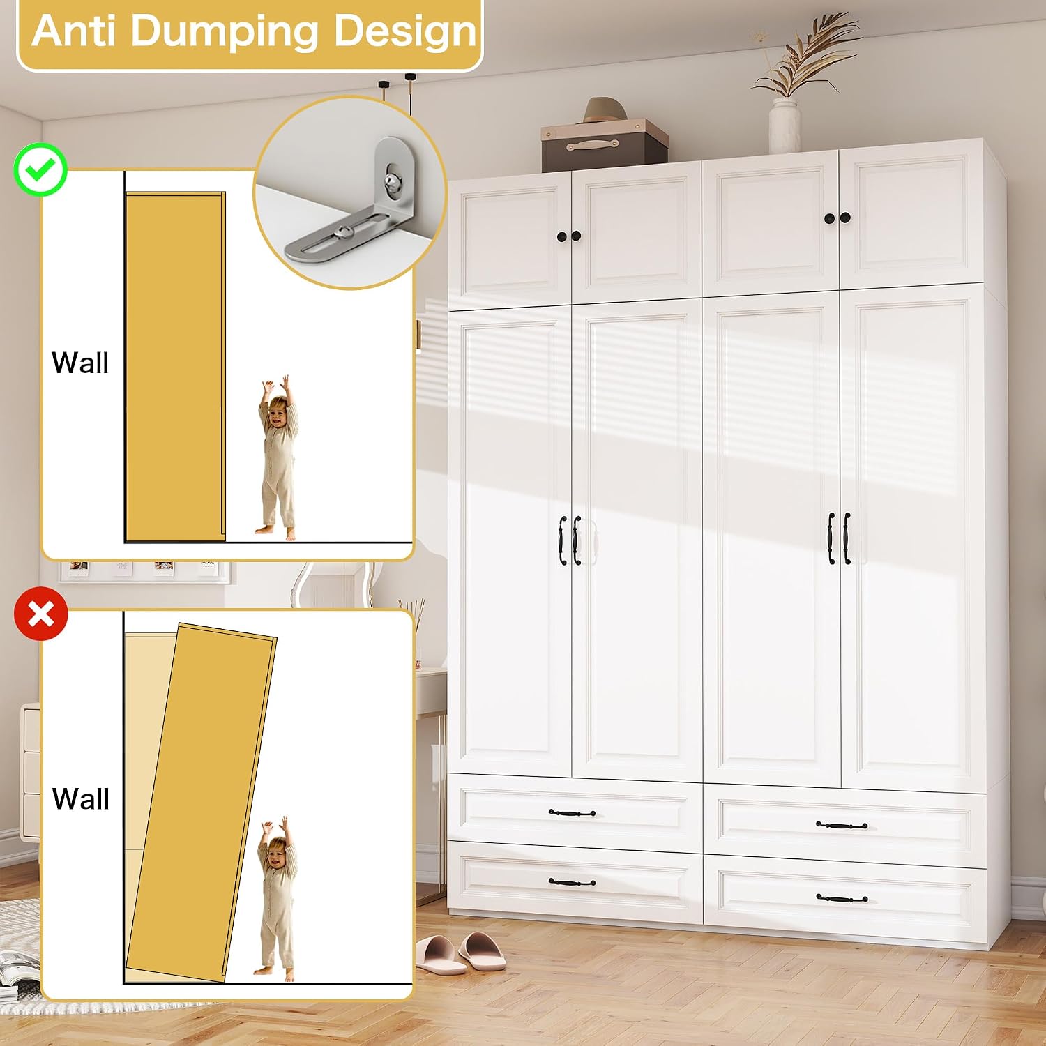Armoire Wardrobe Closet with Doors: 89" Extra Tall White Wardrobe with Storage on Top, Bedroom Armoires with 4 Doors and 4 Drawers, Large Wood Closet Armoire for Hanging Clothes