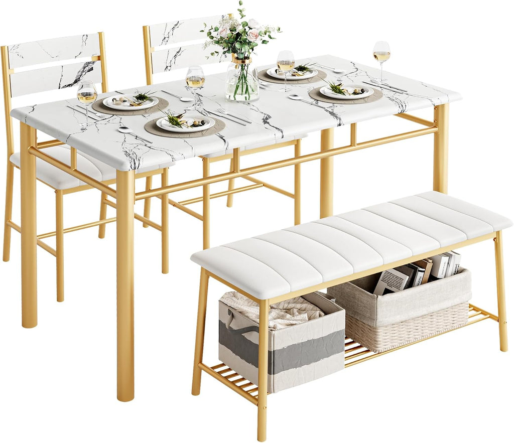 IRONCK Dining Table Set for 4, Kitchen Table and Chairs Set, White & Gold | Kitchen Table with Upholstered Bench and 2 Chairs for Small Space, Apartment