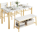 IRONCK Dining Table Set for 4, Kitchen Table and Chairs Set, White & Gold | Kitchen Table with Upholstered Bench and 2 Chairs for Small Space, Apartment