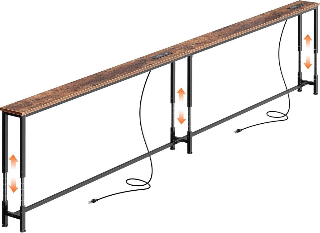 Huuger 110.2 Inch Sofa Table with Power Outlets, Skinny Behind Couch Table | Console Table with USB-C Ports, 23.9’’-34.4’’ Height Adjustable Range, Sofa Tables Narrow Long for Small Spaces, Rustic Brown