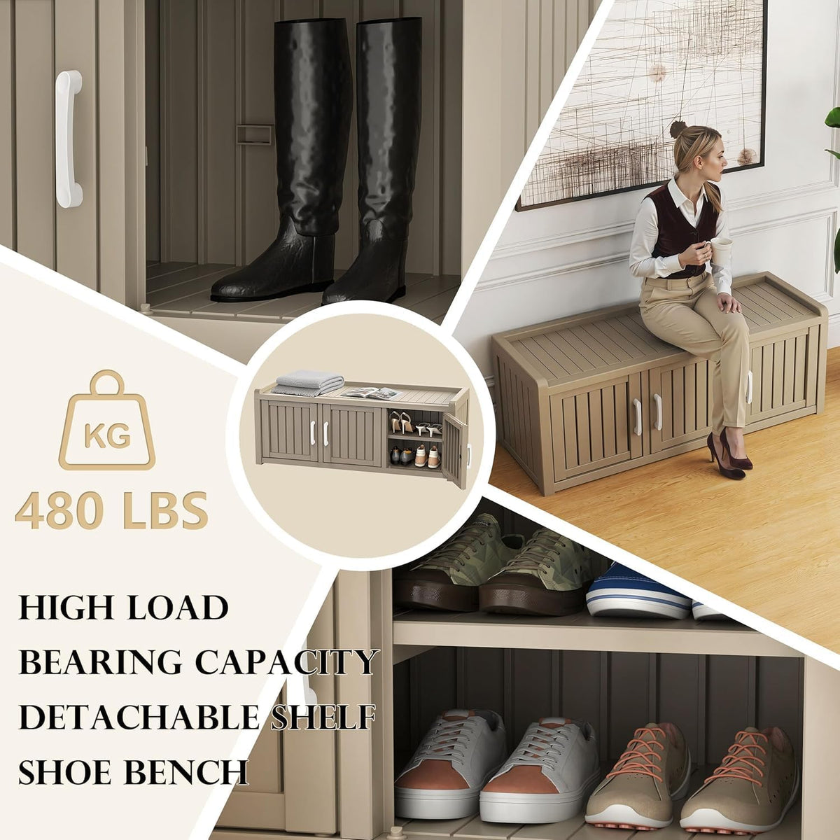 EasyUp Shoe Cabinet, Waterproof Resin Shoe Cabinet,Outdoor Shoes Storage Bench, 2-Tier Hallway Shoes Rack with Adjustable Shelves for Entryway, Living Room, Bedroom(Grey,3 Door)