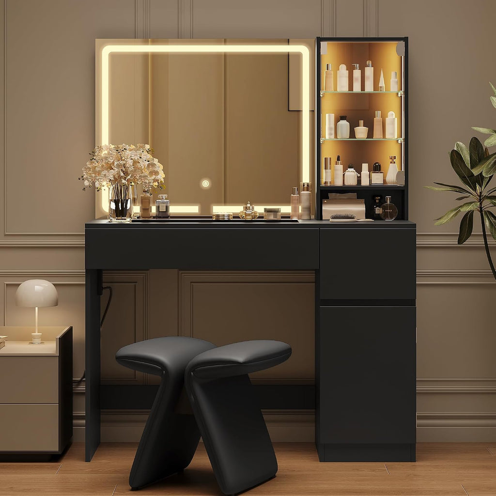 wanan Vanity with Glass Top, Black Vanity Desk with Mirror and Lights, Jewelry Storage, Power Outlet, 3 Adjustable Lighting Modes, Makeup Vanity with 2 Drawers for Bedroom