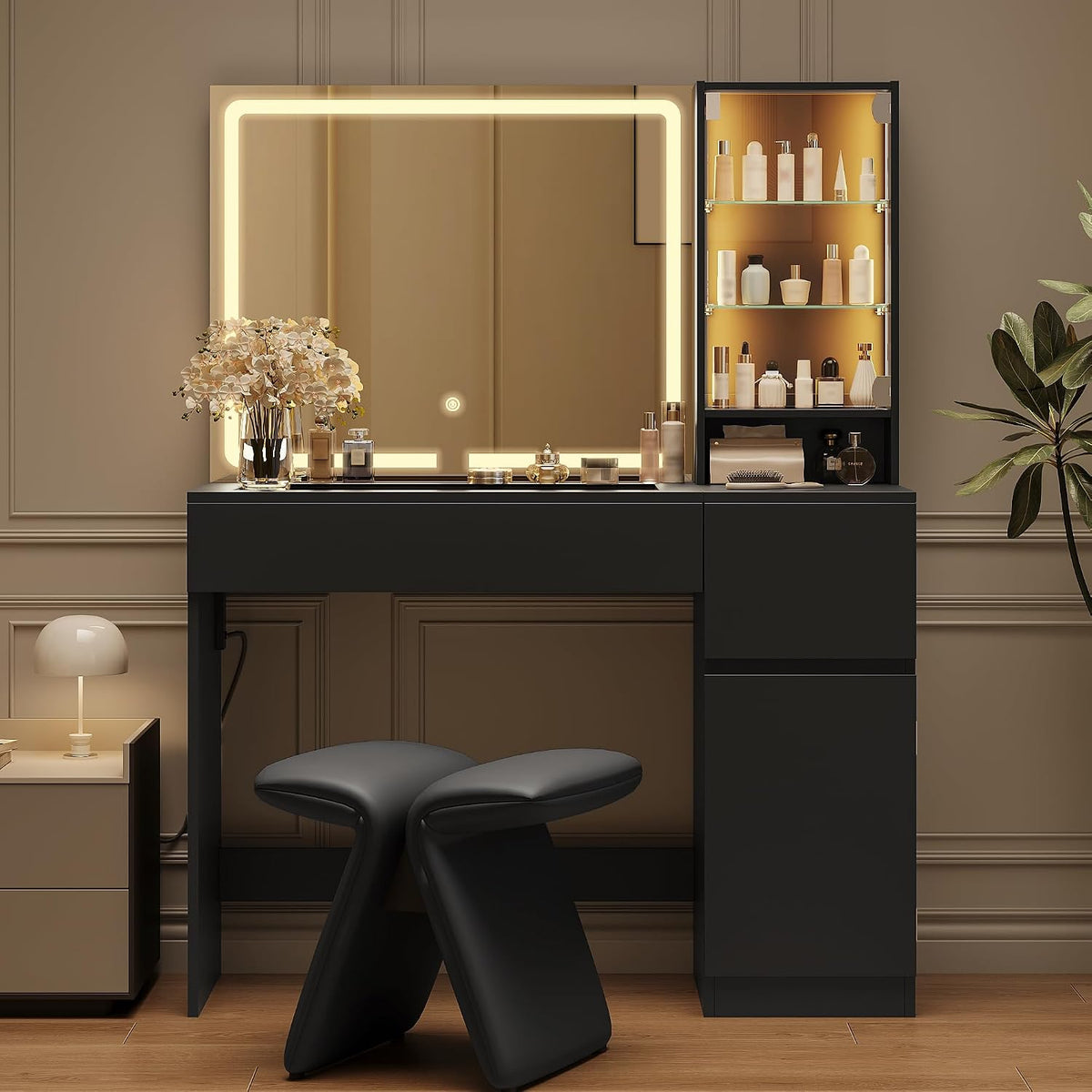wanan Vanity with Glass Top, Black Vanity Desk with Mirror and Lights, Jewelry Storage, Power Outlet, 3 Adjustable Lighting Modes, Makeup Vanity with 2 Drawers for Bedroom