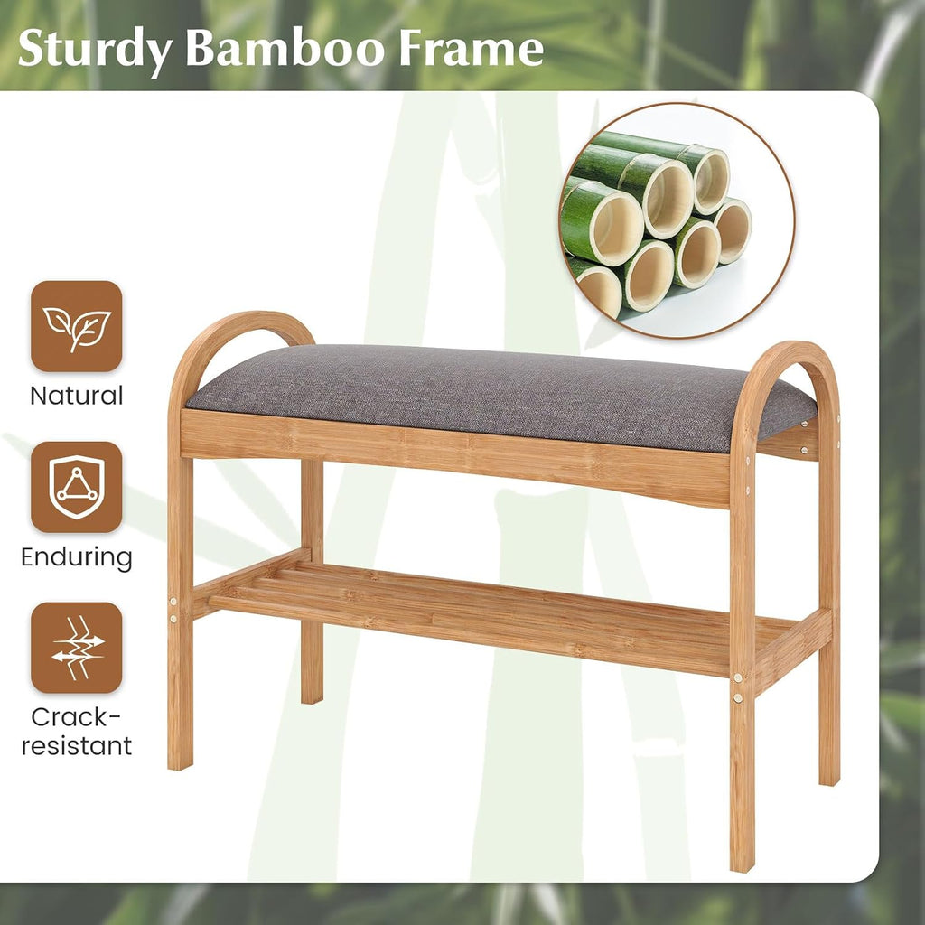 Giantex Shoe Rack Bench, Bamboo 2-Tier Entryway Bench with Padded Cushion, Shoe Storage Bench for Hallway, Closet, Foyer, Living Room, Bedroom, Mudroom