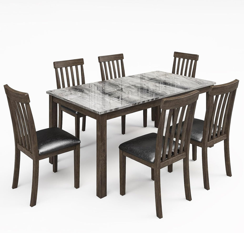 LUXOAK 7-Piece Wood Dining Table Set with Faux Marble Tabletop, Dark Brown | 71" Kitchen Table with 6 Chairs, Curved Backrests & PU Cushioned Seats, Perfect for Dining Room & Living Room