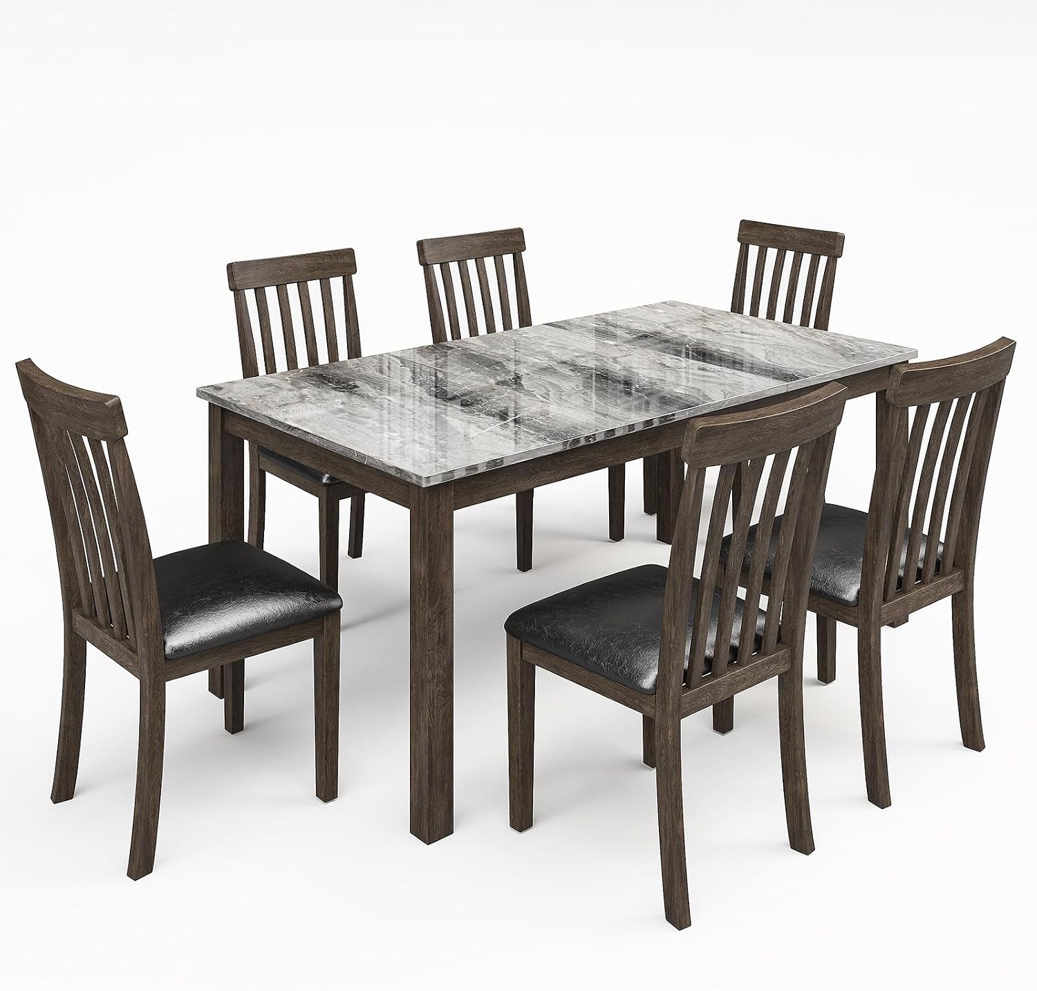 LUXOAK 7-Piece Wood Dining Table Set with Faux Marble Tabletop, Dark Brown | 71" Kitchen Table with 6 Chairs, Curved Backrests & PU Cushioned Seats, Perfect for Dining Room & Living Room