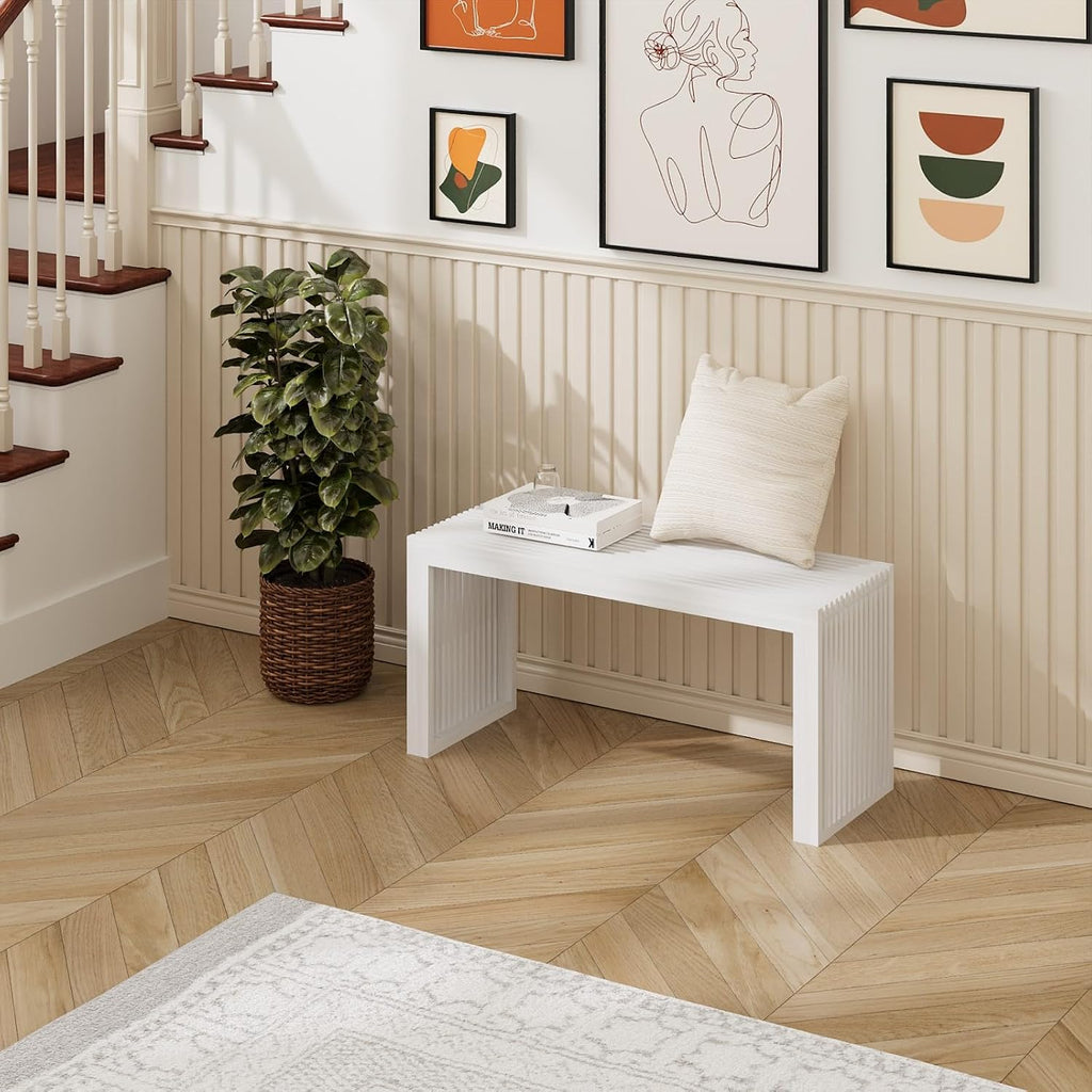 Wisuce Bamboo Dining Bench, 35 inch Entryway Indoor Kitchen Bench, White | Natural Bamboo, 450LBS Weight Capacity, Grille Farmhouse Style, Ideal for entryways, bedrooms, outdoor settings