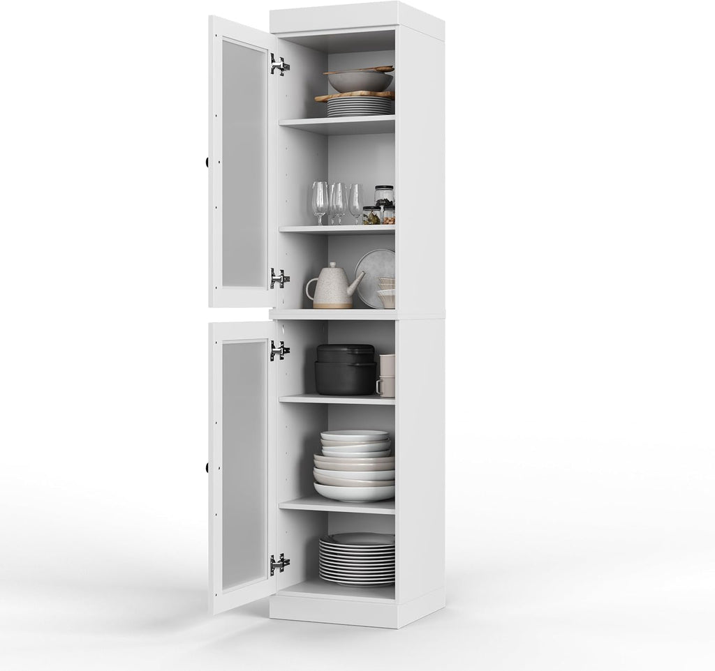 Palace Imports Solid Wood Kitchen Pantry Cabinet w/Frosted Glass Doors - Narrow Storage Cabinet - 16.5" Wide x 71.5" Tall - White, Adjustable Shelves, 100% Eco-Friendly Wood, Modular Cabinets