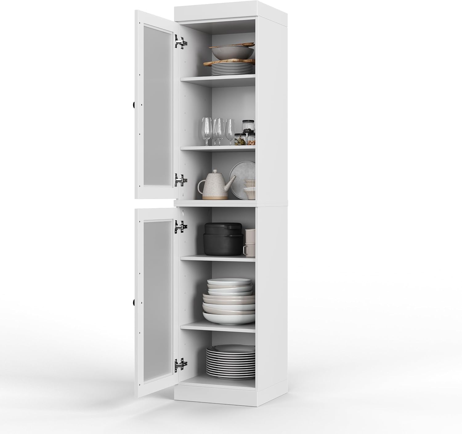 Palace Imports Solid Wood Kitchen Pantry Cabinet w/Frosted Glass Doors - Narrow Storage Cabinet - 16.5" Wide x 71.5" Tall - White, Adjustable Shelves, 100% Eco-Friendly Wood, Modular Cabinets