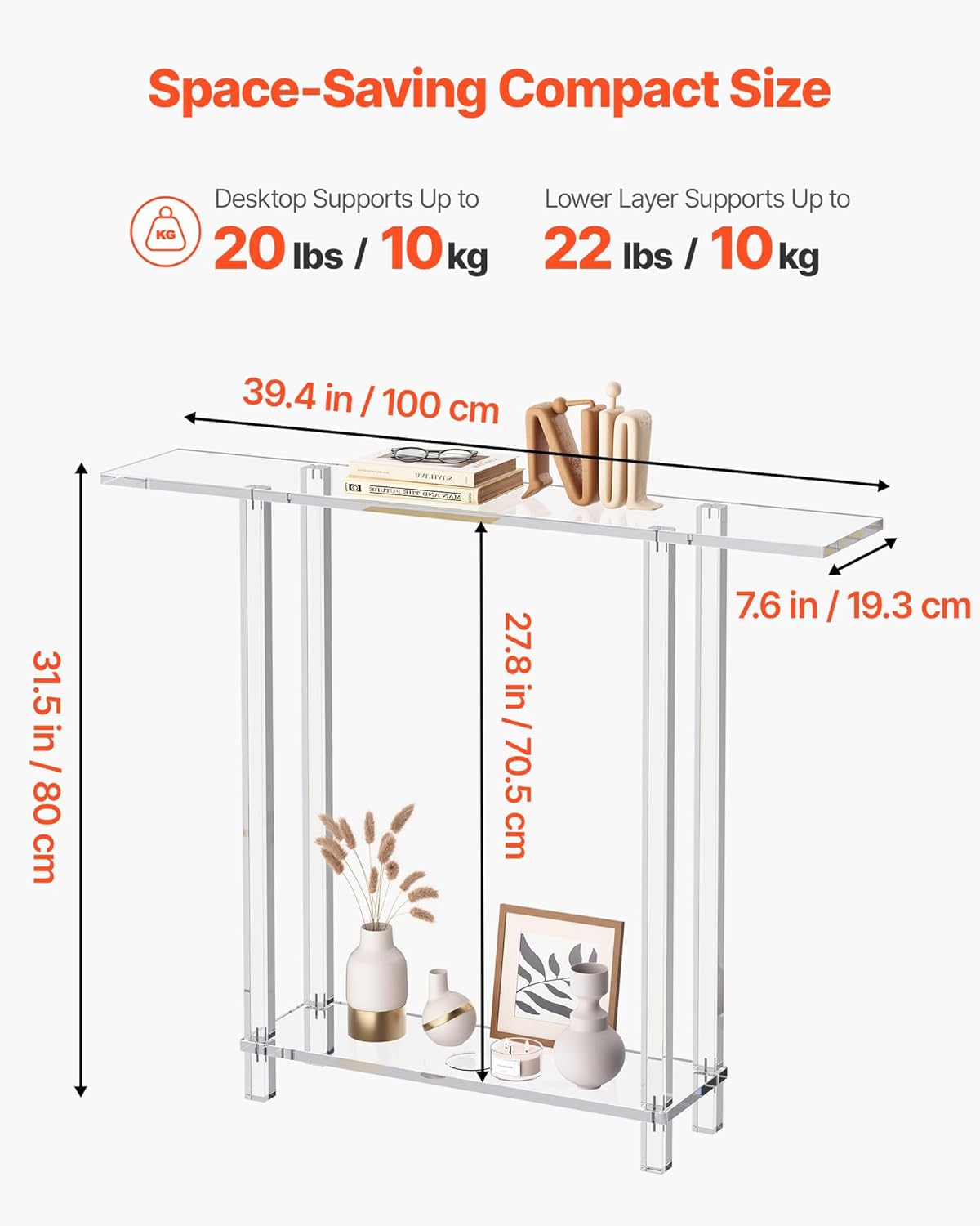 VEVOR Acrylic Narrow Console Table for Entryway, Clear Skinny Entry Side Table, 2-Tier Modern Transparent Sofa End Table, Square Legs, for Hallway, Foyer, Living Room, 7.6" D x 39.4" W x 31.5" H