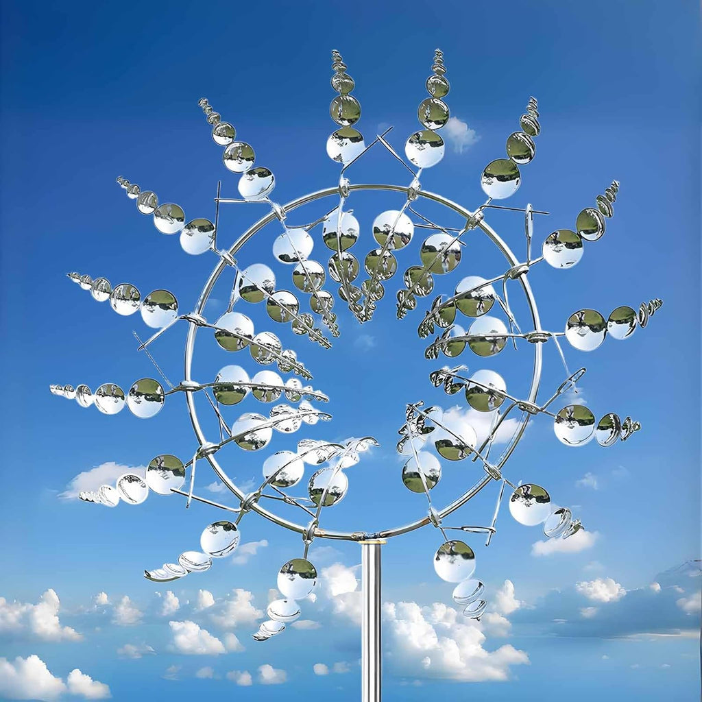 Unique and Magical Metal Windmill, 2Pcs Wind Spinners, 3D Wind Powered Kinetic Sculpture, Stainless Steel Wind Spinners, Wind Mill for Yard and Garden (2PCS-Silver)