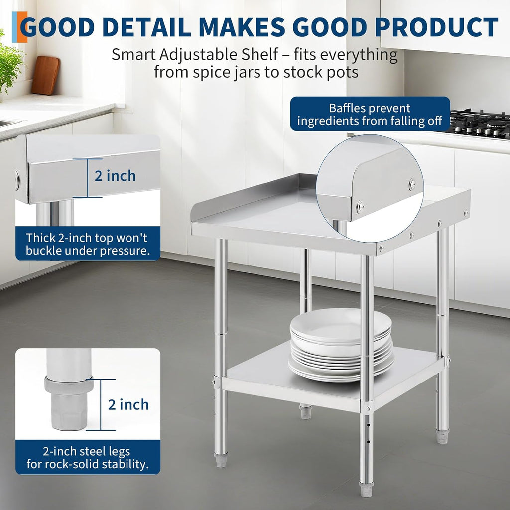 Equipment Grill Stand Table 12x24x30 Inch Stainless Steel NSF Certified 400 Lbs Capacity with Adjustable Legs, 2" Edge Baffle, for Hotel, Home, Commercial Restaurant Kitchen