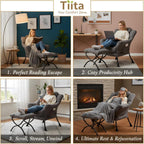 Tiita Lazy Chair with Ottoman, Comfy Reading Accent Chair, Dark Grey | Foldable Footrest, Padded Seat and Backrest, Side Pocket for Lounging in Living Rooms, Bedrooms, Dorms and Small Spaces