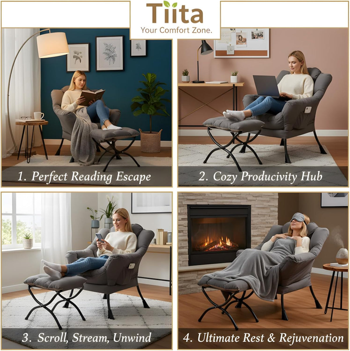 Tiita Lazy Chair with Ottoman, Comfy Reading Accent Chair, Dark Grey | Foldable Footrest, Padded Seat and Backrest, Side Pocket for Lounging in Living Rooms, Bedrooms, Dorms and Small Spaces