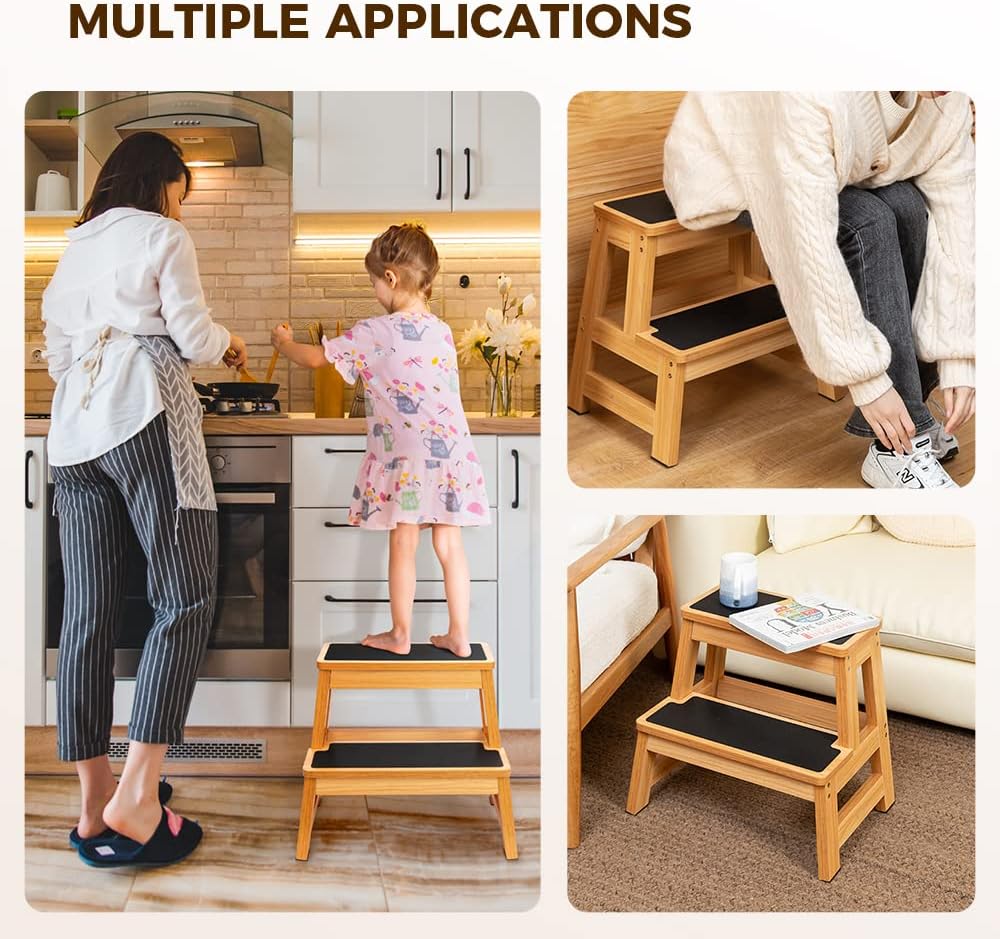 StrongTek Wood 2 Step Stool for Adults, 17.5 in, 500 lb, Non-Slip | Wide Non-Slip Treads, 500 lb Capacity, Heavy-Duty, Kitchen, Closet, Bedside and Everyday Home Reach