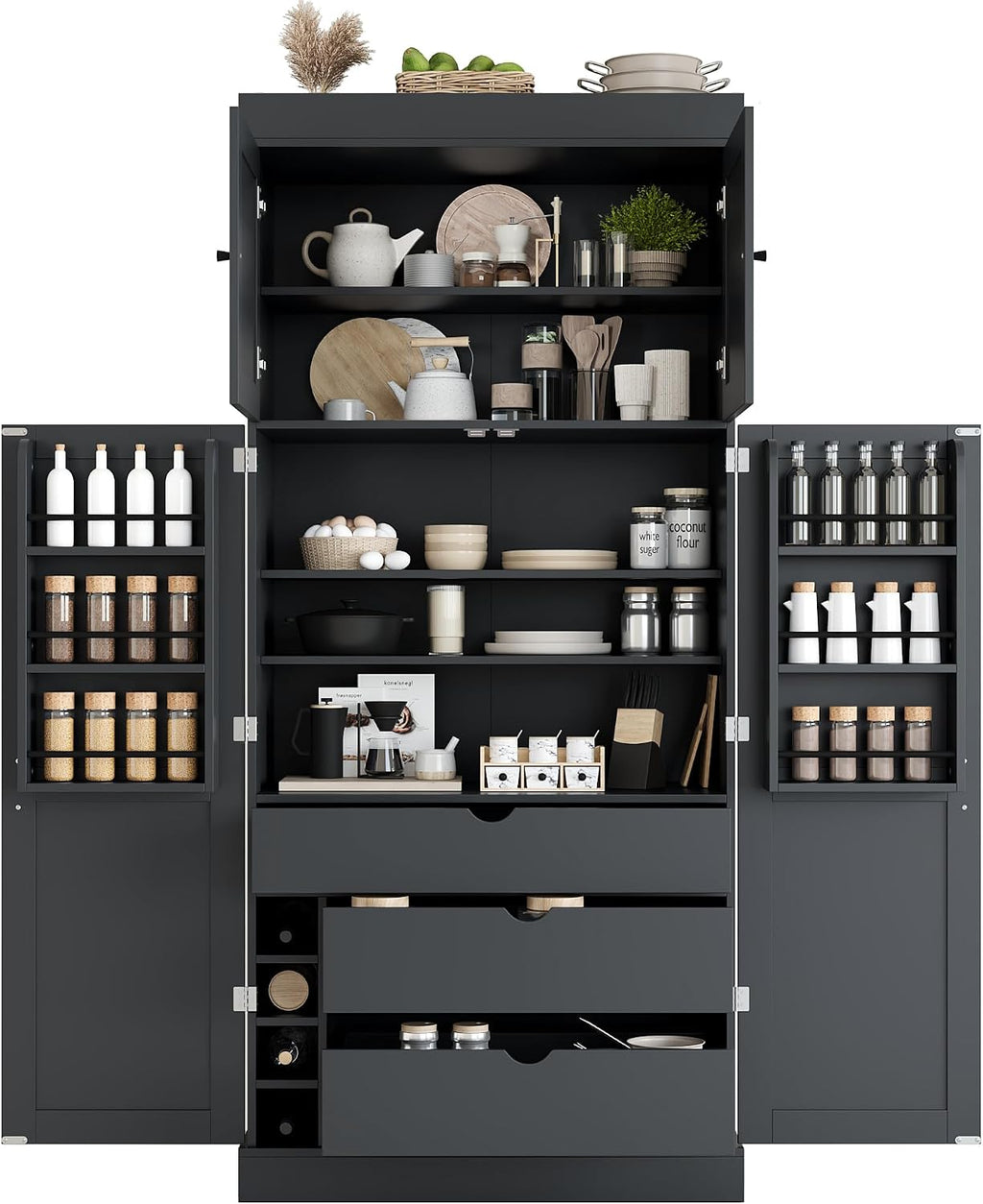 Tall Kitchen Pantry Cabinet with Adjustable Shelves, Modern Freestanding Cupboard with Door Shelves, Drawers and Wine Racks for Dining Room (Grey)