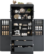 Tall Kitchen Pantry Cabinet with Adjustable Shelves, Modern Freestanding Cupboard with Door Shelves, Drawers and Wine Racks for Dining Room (Grey)