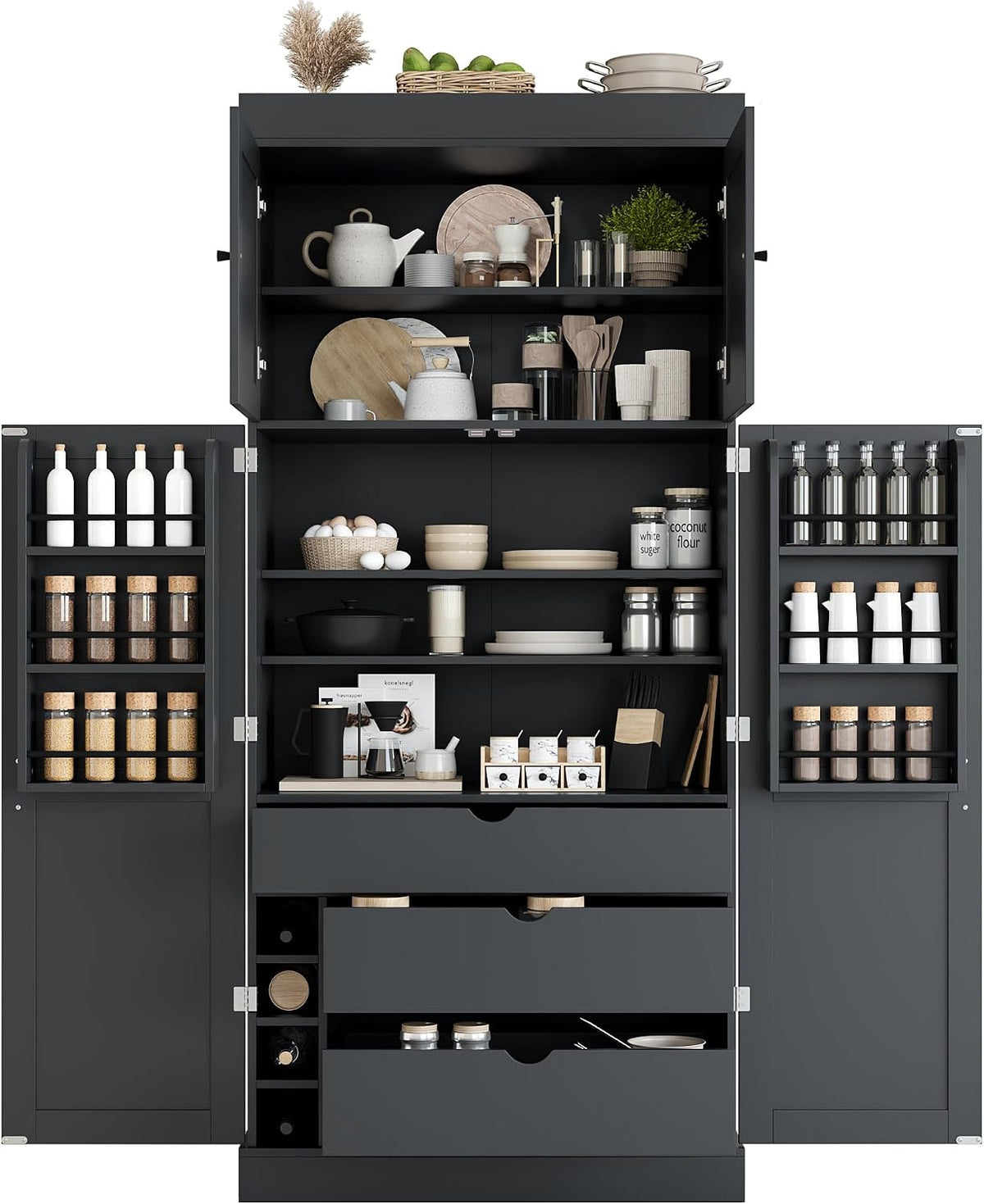 Tall Kitchen Pantry Cabinet with Adjustable Shelves, Modern Freestanding Cupboard with Door Shelves, Drawers and Wine Racks for Dining Room (Grey)