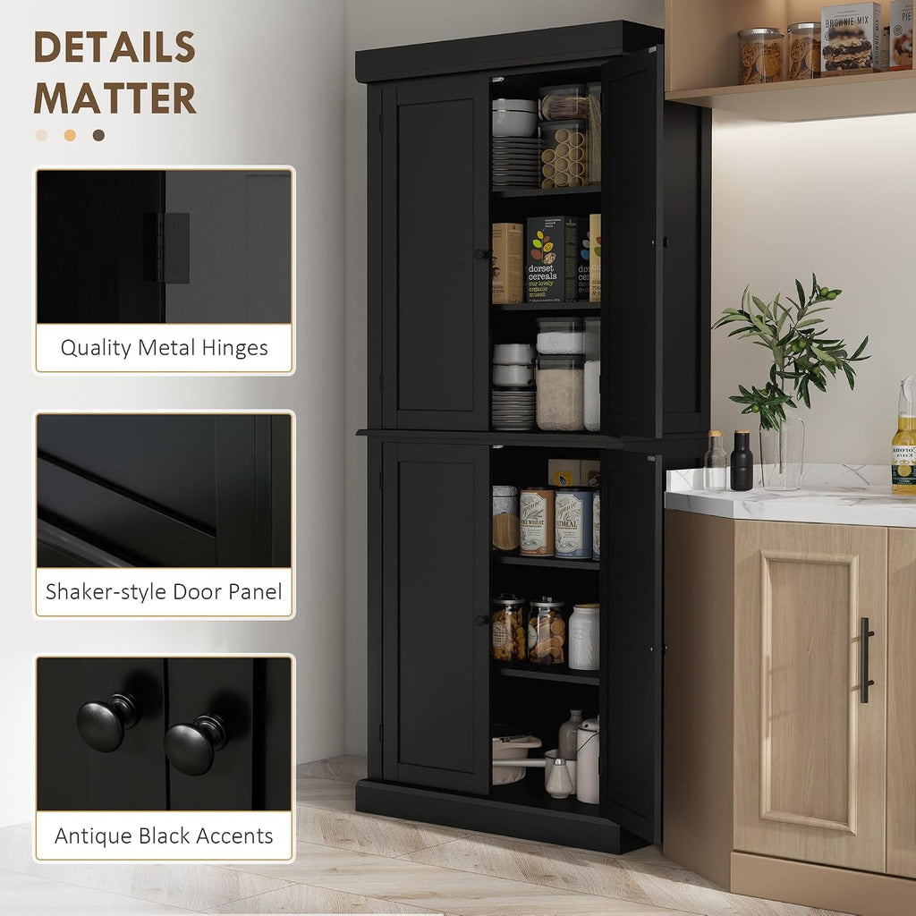 HOMCOM 72.5" Tall Kitchen Pantry Cabinet, Freestanding Modern Farmhouse Kitchen Storage Cabinet with 4 Doors and 2 Adjustable Shelves for Dining Room, Black