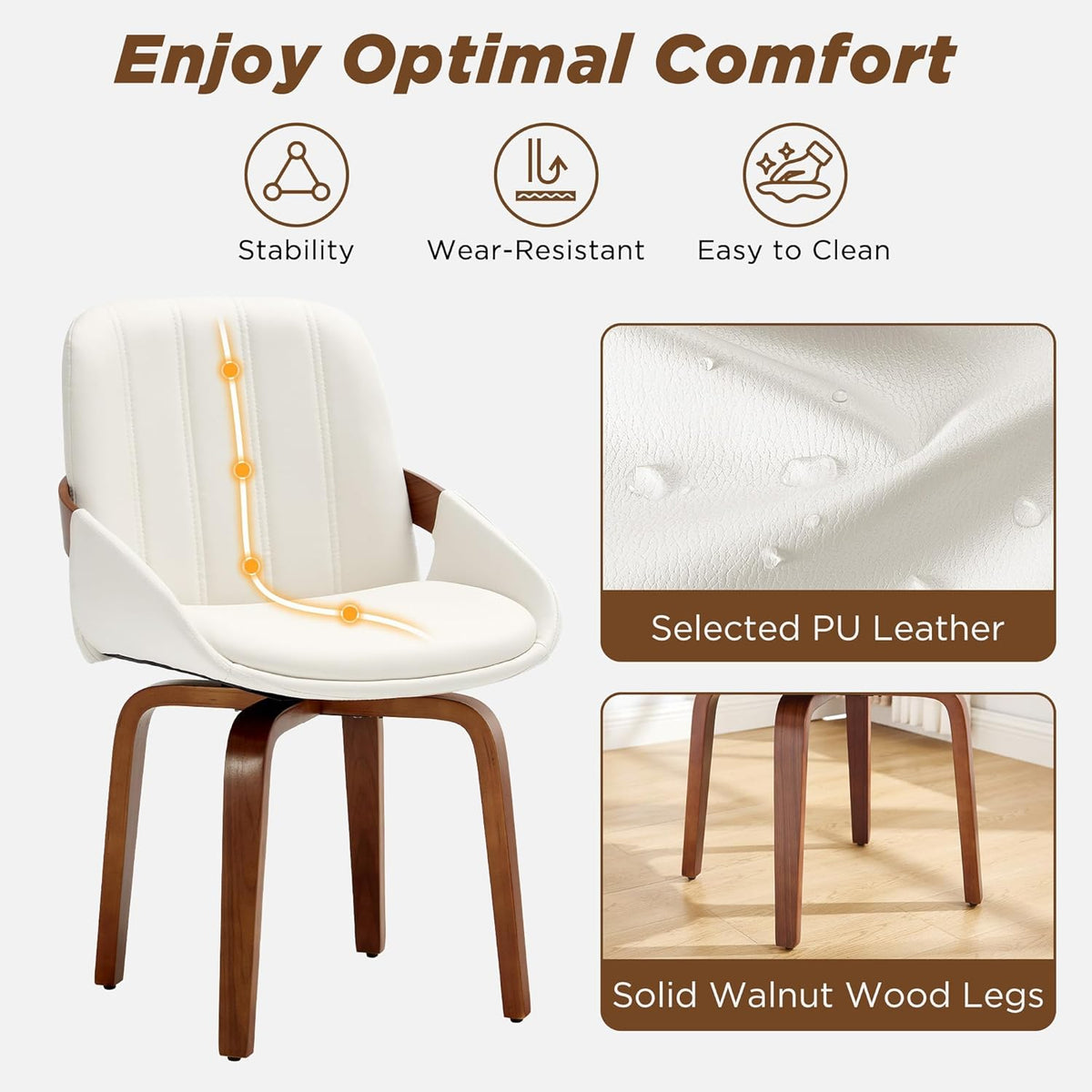 Swivel Dining Chairs, Mid Century Modern Faux Leather Dining Room Chairs with Arms, Upholstered Kitchen Vanity Accent Chair, Walnut Backrest Support & Sturdy Wood Legs (White, Set of 6)