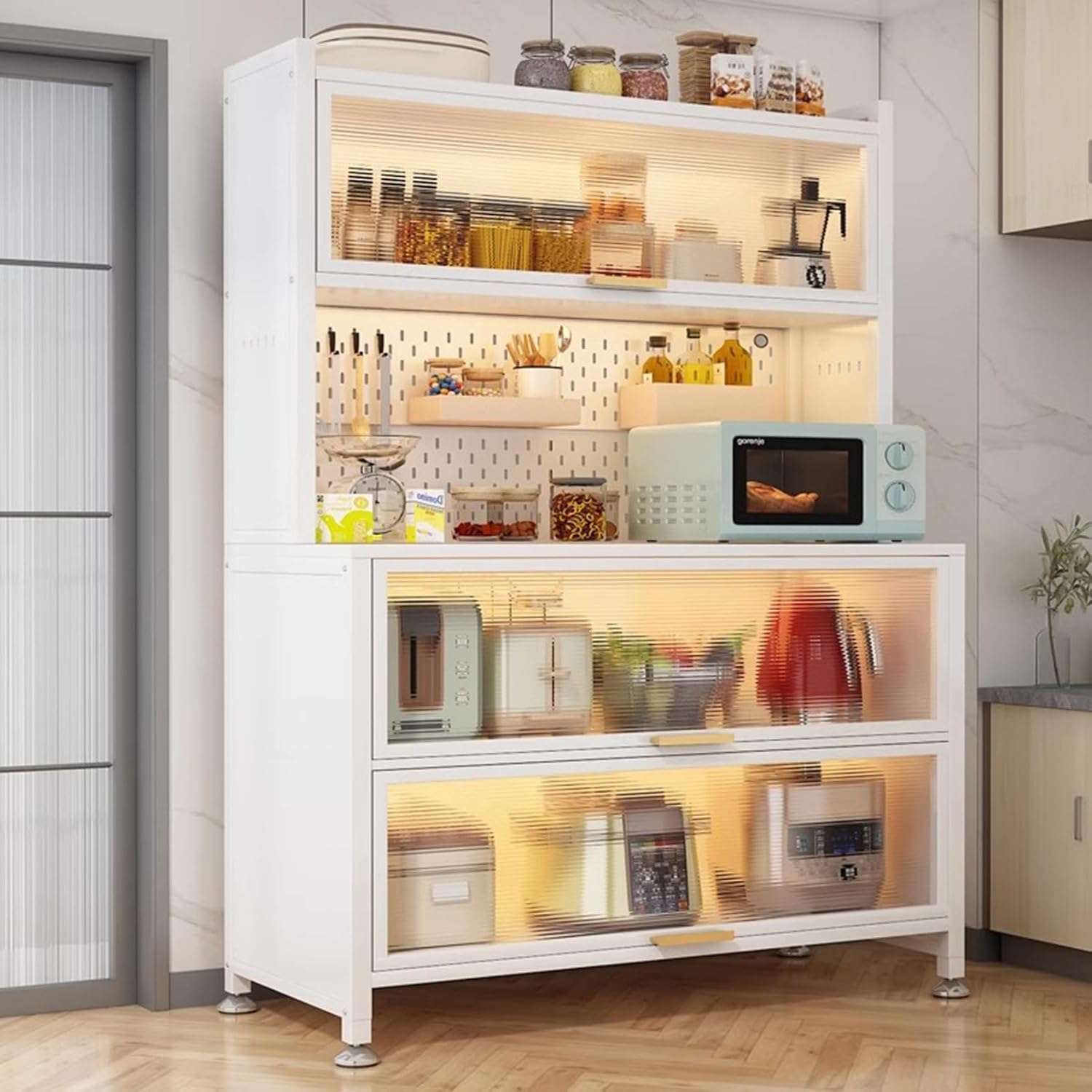 Kitchen Storage Cabinet, Microwave Stand with Flip-up Doors, Kitchen Pantry Storage Cabinet with Rolling Wheels, DIY Backplane, Tall Cupboard for Kitchen, Living Room, Dining Room(White,80*42