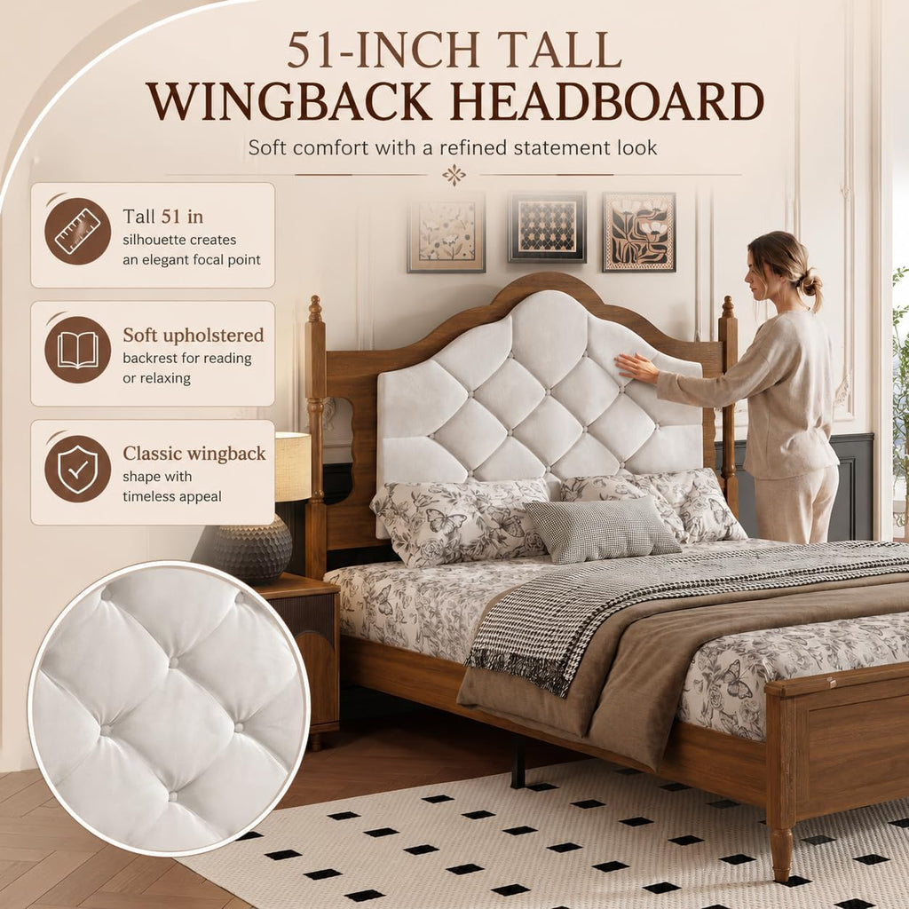 Queen Size Bed Frame with 51" Tall Wingback Headboard, Fabric Upholstered Wooden Platform Bed Frame, No Box Spring Needed, Solid Wood Legs