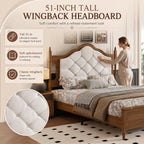 Queen Size Bed Frame with 51" Tall Wingback Headboard, Fabric Upholstered Wooden Platform Bed Frame, No Box Spring Needed, Solid Wood Legs