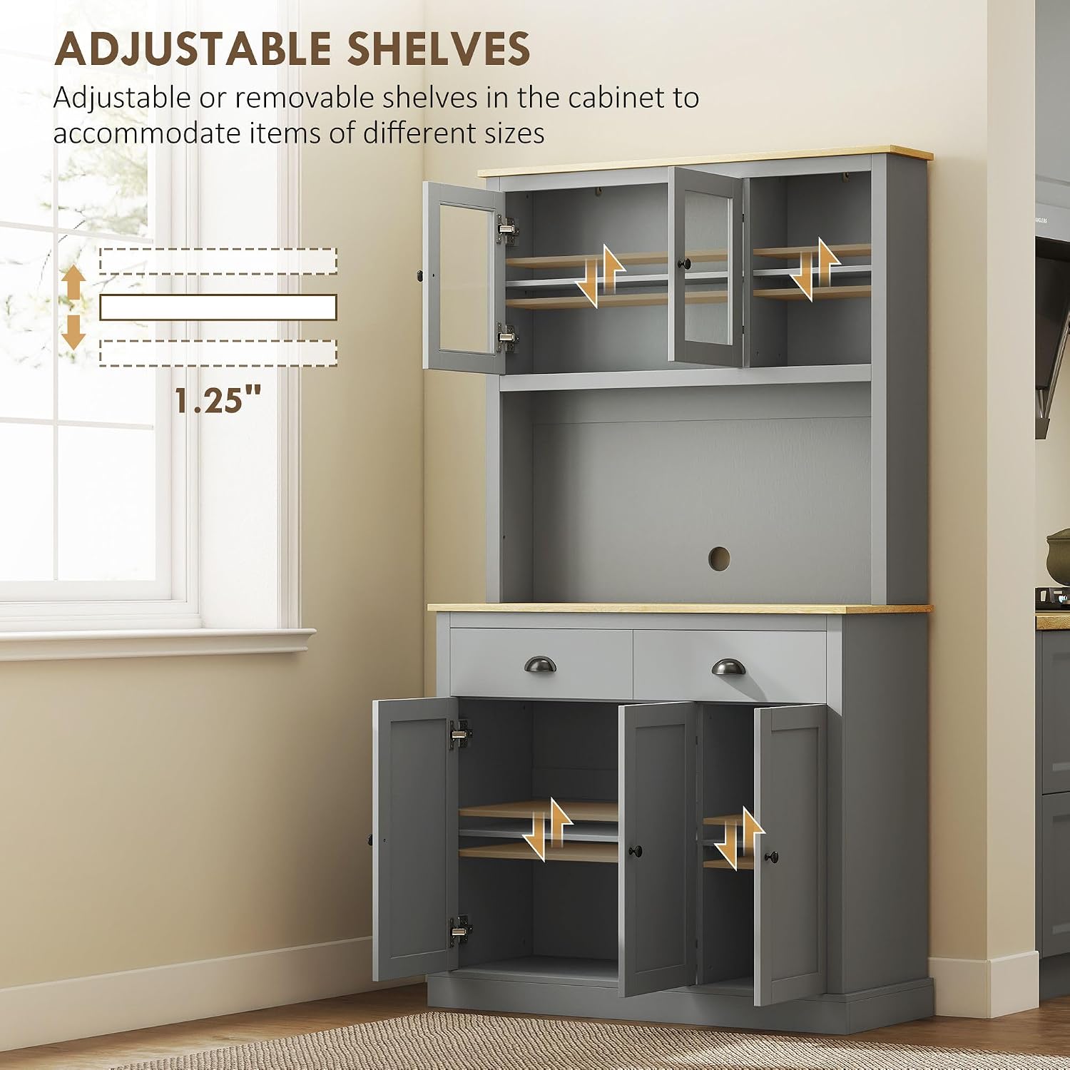71-inch Modern freestanding Pantry Cabinet, Four Adjustable Shelves at Three Heights, Wide Counter Cable Hole, Gray Yellow Oak